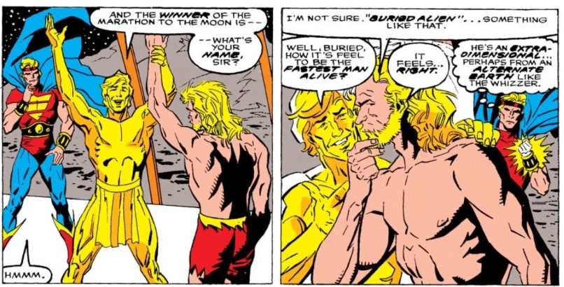 Buried Alien ( Barry Allen) vencendo os personagens da Marvel na HQ "Quasar #17


