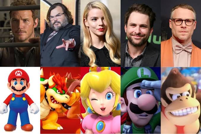 O elenco de vozes do filme Super Mário Bros inclui nomes como Chris Pratt (Mario), Anya Taylor-Joy (Peach), Jack Black (Bowser), Keegan-Michael Key (Toad), Seth Rogen (Donkey Kong),

